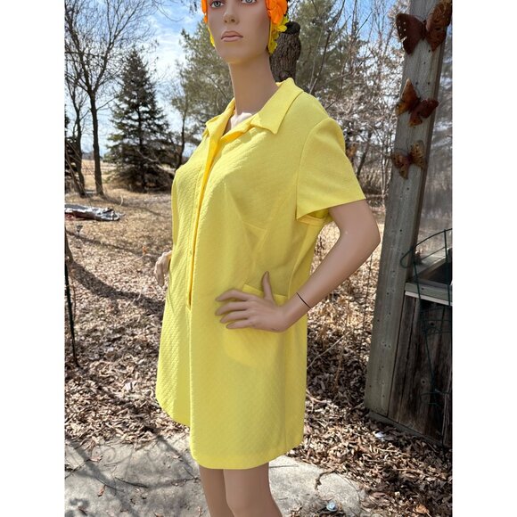 60s Mod Mini Dress Sunshine Yellow Schapira Embossed Print 1/4 Button Up - Picture 3 of 12